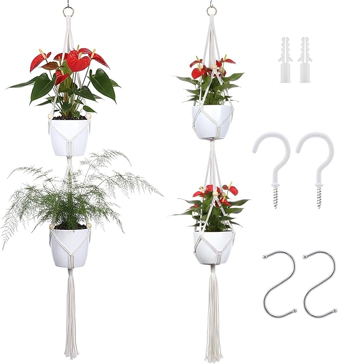 Dntorx Macrame Plant Hanger, 2 Pack 50 Inch Hanging Plant Holder Indoor Outdoor Hanging Planter Basket with Hooks for Living Rooms, Balcony, Hallway, Kitchen, or Office