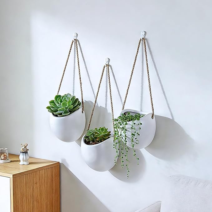 Set of 3 Ceramic Wall Vases - Hanging Pocket Planters for Indoor Plants, Wall Decor for Entryway Hallway Bathroom Living Room Dining Room