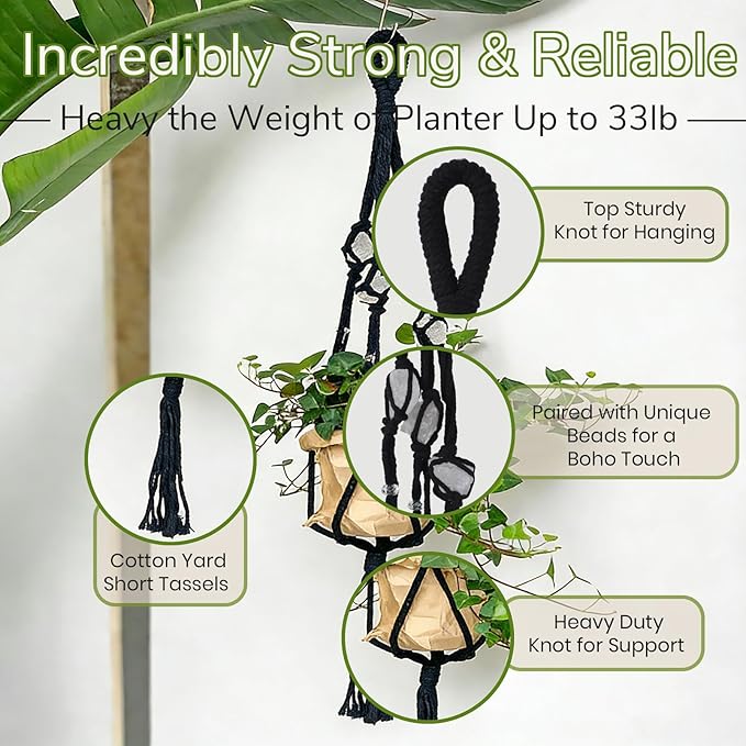 Nomylunota Macrame Plant Hanger with Boho Beads Handmade Hanging Planter Crochet Plant Holder(35.4 inches,Green & Brown & Black)