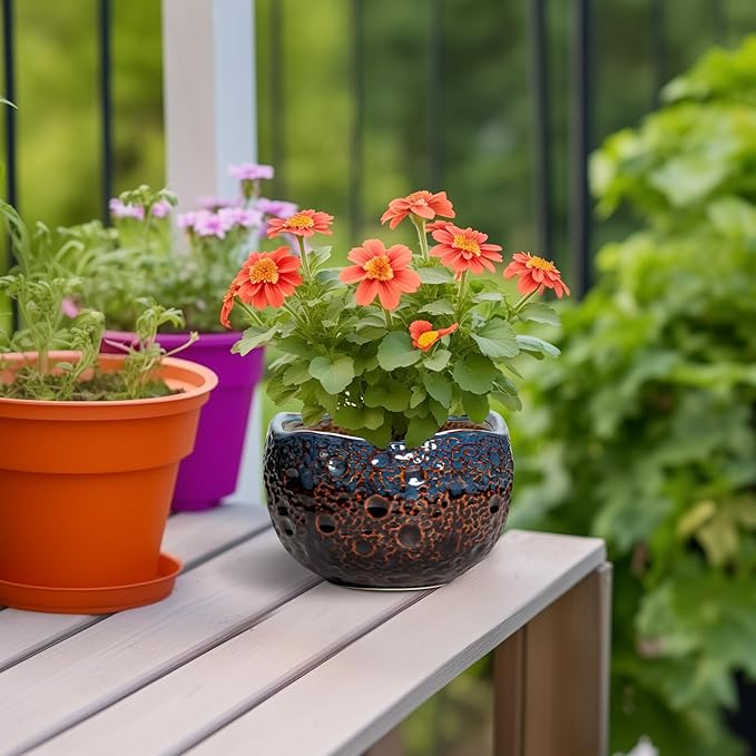 6 Inch Plant Pot - Ceramic Pots for Indoor Outdoor Plants, Round Decorative Planters with Drainage Hole and Plug, Unique Flower Pots, Home Office Decor, Gardening Gifts for Women, Brown-blue