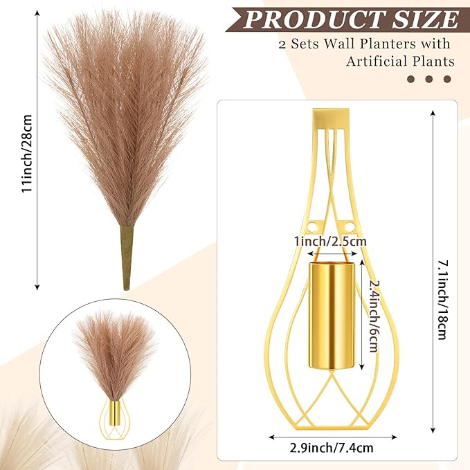 Otoolling 2 Pieces Hanging Plant Wall Decor with Artificial Pampas Grass Metal Hanging Vase Modern Geometric Farmhouse Bohemian Wall Art for Living Room Bedroom Kitchen Office(Gold, Light Brown)