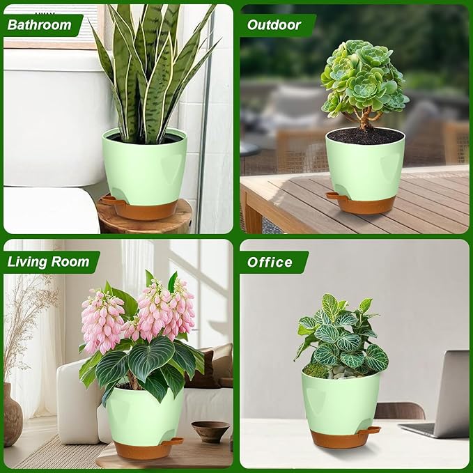5-Pack Plant Pots with Drainage 7/6.5/6/5.5/5 Inch Self Watering Pots for Indoor Outdoor Plants, Plastic Flower Pots with Drainage Holes and Removable Saucers, Plant Pots with Wicking Rope (Green)