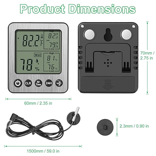 Digital Refrigerator Freezer Fridge Thermometer with Extra Sensor Reptile Thermometer Hygrometer max and min Remember Black ZZ20
