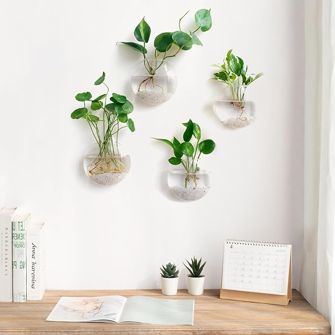 Mkono Wall Hanging Glass Terrariums Planter Oblate Flower Vase for Hydroponics Plants, Bathroom, Home Office Living Room Decor, Set of 6(Plants not Included)