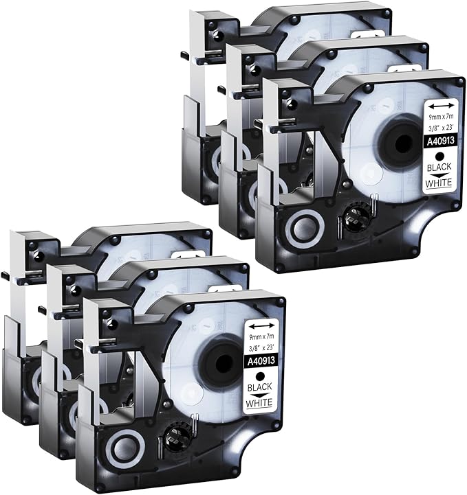 GREENCYCLE 6 Pack Compatible for DYMO D1 40913 Label Maker Refills S0720680 Black on White 3/8" (9mm) x 23ft (7m) for LabelManager 210D 220P 260P 280 420P LM160 350 360D 450 COLORPOP LMPnP LP250