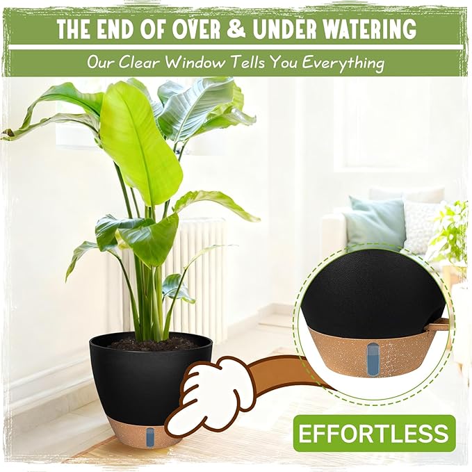 Self-Watering Pots for Indoor Plants 4 Pack, 6/8/10/12 Inch Outdoor Planters with Water Level Indicator & Deep Reservoir, Decorative Flower Pots for Home Decor (Black, 12+10+8+6 Inch)