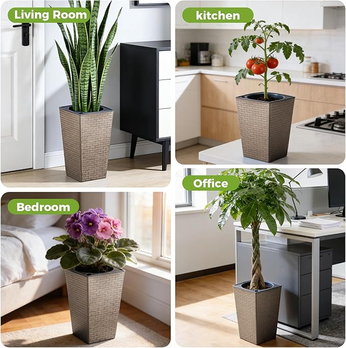 Self Watering Pots for Indoor Plants, 2 Pack Flower Pots Self Watering Planter 10.7" x 6.9" Plastic Pots African Violet Wick and Grow Pots Tall Orchid pots Square Large Plant Pots, Bronze