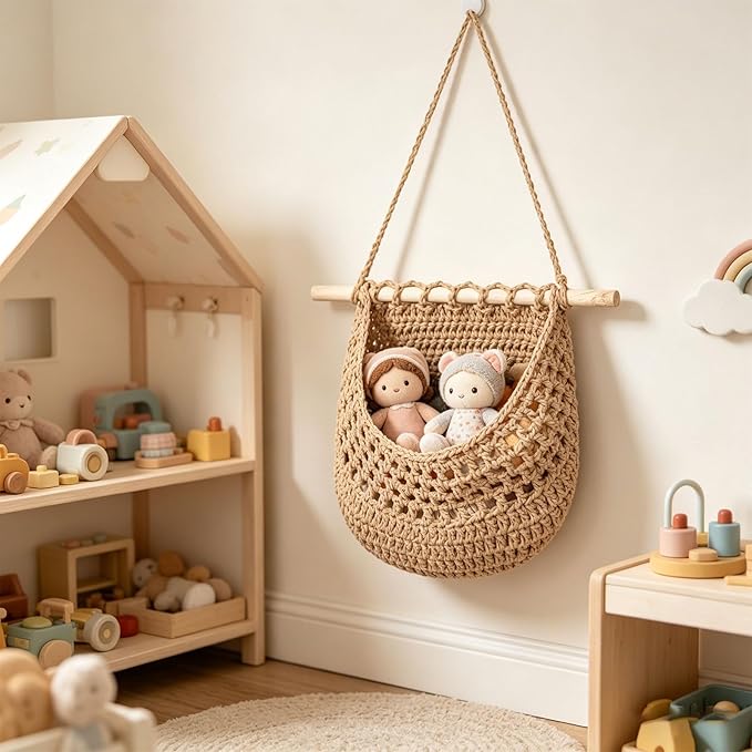 Hanging Fruit Basket Handmade Boho Cotton Rope Wall Hanging Basket Over Door Storage Woven Baskets for Kitchen and Bedroom to Store Any Small Stuffe (1, jute)