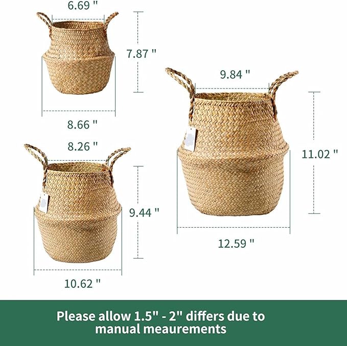 Seagrass Plant Basket Set of 3 Handmade Woven Belly Basket with Handles 3 Different Size Home Decor Storage Basket Large Storage Laundry Picnic Plant Pot Cover Pot Woven Straw Basket(S+M+L,Original)