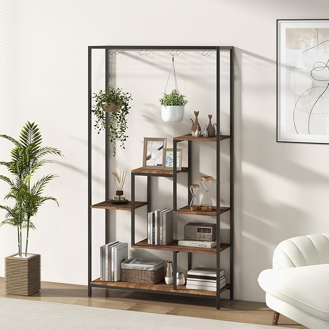 6-Tier Plant Stand Indoor, 70.9" Tall Plant Stand with 10 S Hanging Hooks, Metal Plant Shelf Corner Plant Stands for Indoor Plants, Garden, Balcony, Living Room (Brown)