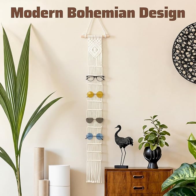 AceOrbit Macrame Sunglasses Holder Boho Wall-Mounted Hanging Sunglasses Organizer Vertical Woven Glasses Holder Display Storage Rack for Bohemian Bedroom Home Office Decor(Stylish Style,White)