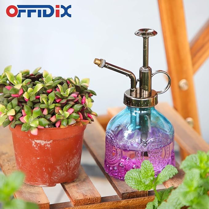 OFFIDIX Glass Plant Mister Spray Bottle, Mini Vintage Spritzer, Indoor/Outdoor Watering Can with Bronze Plastic Top Pump