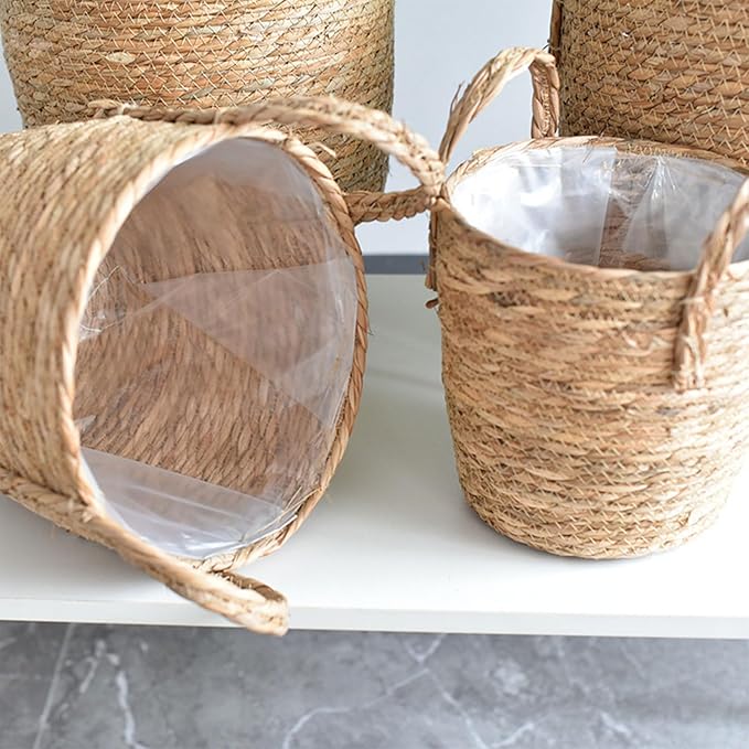 Woven Straw Flower Pot, Sea-Grass Planter Basket, Wicker Rattan Vase Sundries Organizers Storage Bins, Hand Woven Basket Planter with Plastics Liners and Handle - XL 9.84x9.84x11.41in