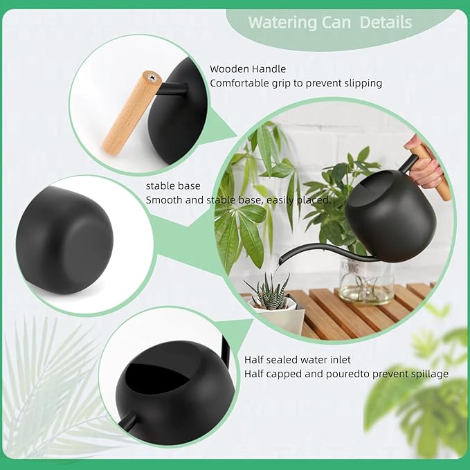 Indoor Watering Can with Long Spout, 40oz Capacity, Black Metal with Wood Handle,Plant Mister Spray Bottle (Black-W2)