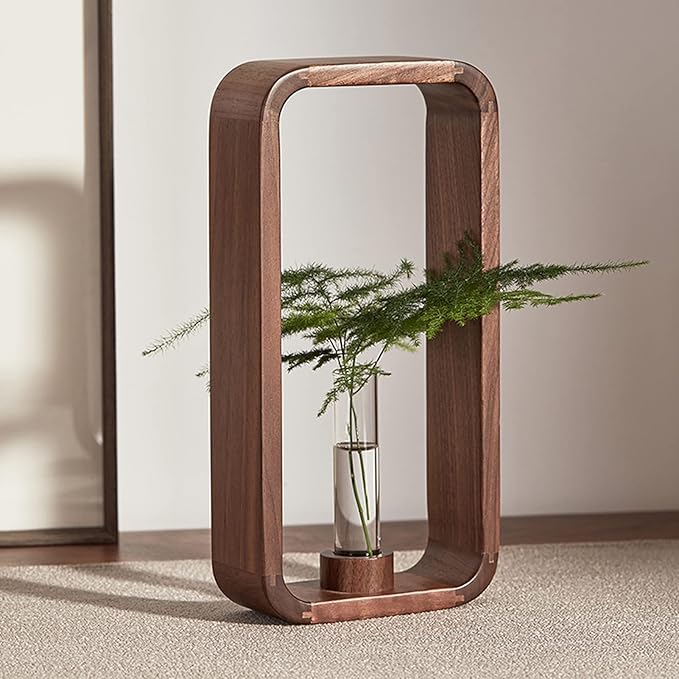Transprent Glass Vase Test Tube Hydrophilic Plants Holder Walnut Wooden Frame Flower Stand Table Garden Bonsai Decor,Gifts for Women, Home Office Decor Planter (Big)