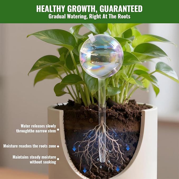 20oz Total Glass Watering Globes (4 Pack, 5oz/150ml Each), Up to 7 Days Self-Watering Bulbs for Plants, Top-Fill Design with Rubber Stopper, Iridescent Glass Decor for Indoor Outdoor Pots