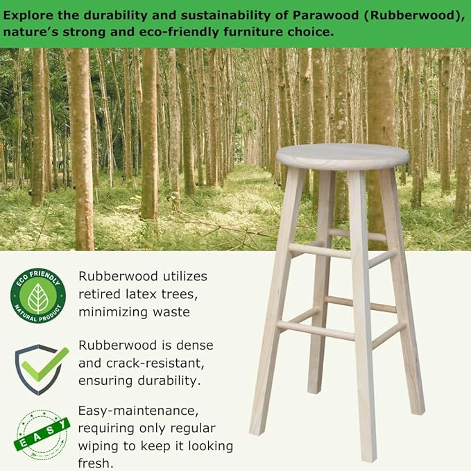 International Concepts Round Top Stool, 29-Inch Bar Height, Solid Parawood, Unfinished