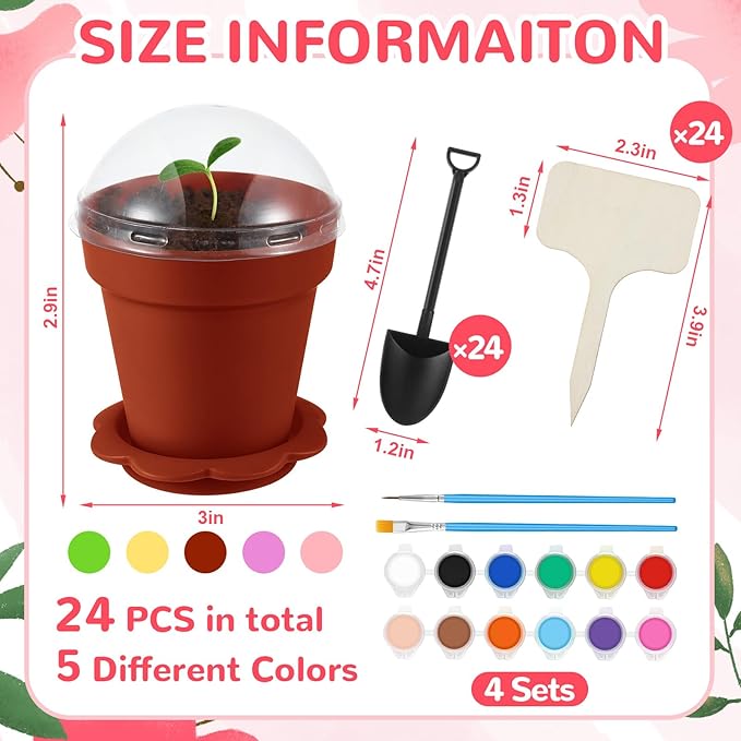 SiliFine 24 Sets Spring Kids Plant Growing Kit Flower Pots Cupcake Plant Nursery Pots Gardening Kit for Kids with Paint and Stickers Labels Name Tag for Easter Mothers Day Craft Bulk Classroom