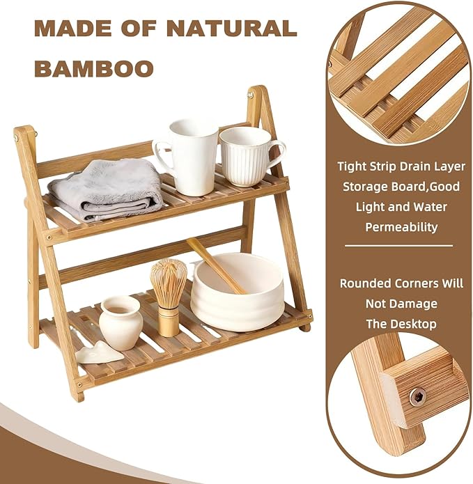 Wooden Matcha Station Shelf, 2 Tier Natural Finish Bamboo Countertop Organizer,15.7'' Coffee Station Organizer, Desktop Flower Pot Rack for Home Living Room Window Sill Foldable Display Storage Shelf