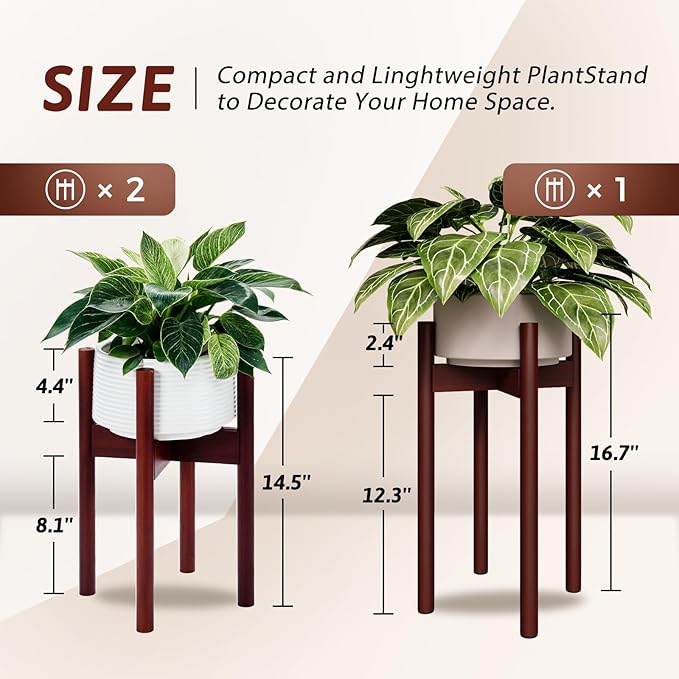 GENTINGBRO Adjustable Plant Stand Indoor, Bamboo Plant Holder 8 to 12 Inches, 3 Pack Single Floor Plant Stand for Living Room Balcony Bedroom, Reddish Brown