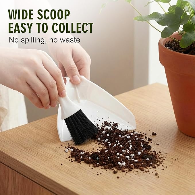 Enhon Soil Scoop with Brush for Indoor Plants, 2 in 1 Plant Potting Scoop Tool for Mess Free Repotting, Mini Dustpan and Brush Set for Houseplants, Succulents, Gardening