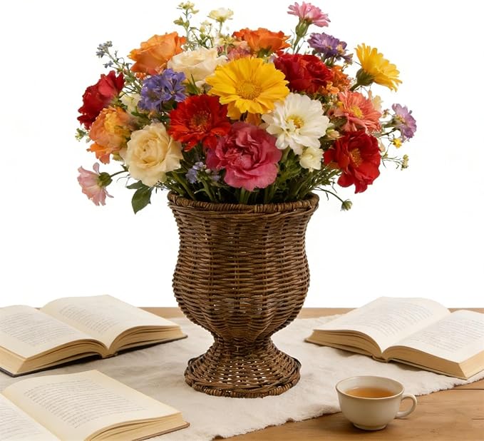 11" Urn Goblet Woven Planter – Wicker Flower Pot Woven Flower Basket, Rattan Flower Basket Decorative Indoor Outdoor Flower Vase for Home Garden & Patio Decor