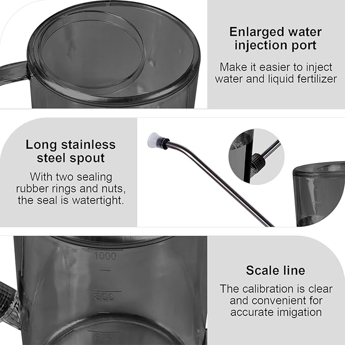 Plastic Watering Can - Small with Long Spout - 1/4 Gallon - 34 Oz - Grey