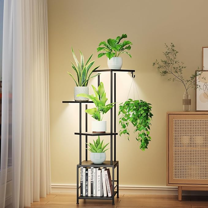 Homsorout Plant Stand Indoor with Grow Light, 5-Tiered Tall Plant Stand Indoor, Metal Plant Shelf with Hanging Basket Hook and Adjustable Light, Ideal for Living Room, Garden, Patio (Black )