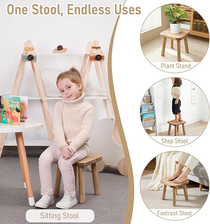 9.3 Inch Small Wooden Step Stool for Adults, Solid One Step Wood Stools Holds up to 300 Lbs, Square Plant Stand Sitting Stool Footstool for Kitchen Bathroom Living Room