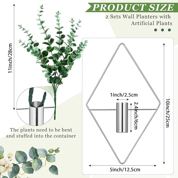 Canlierr 2 Pieces Wall Decor Hanging Planters with Artificial Plants Metal Hanging Vase Indoor Plants Holder Modern Boho Wall Art for Bathroom Bedroom Living Room Decor(Silver, Eucalyptus)