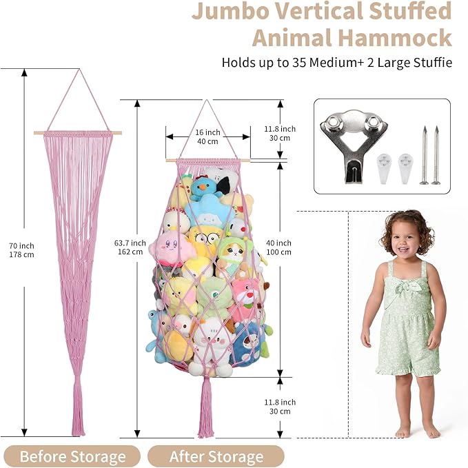 Stuffed Animals Storage Hammock Corner, 70 Inch Jumbo Macrame Plushie Net for Stuffed Animals Organizer, Wall Ceiling Hanging Stuffy Hammock Holder for Kid Boho Nursery Decor Gift (Pink)