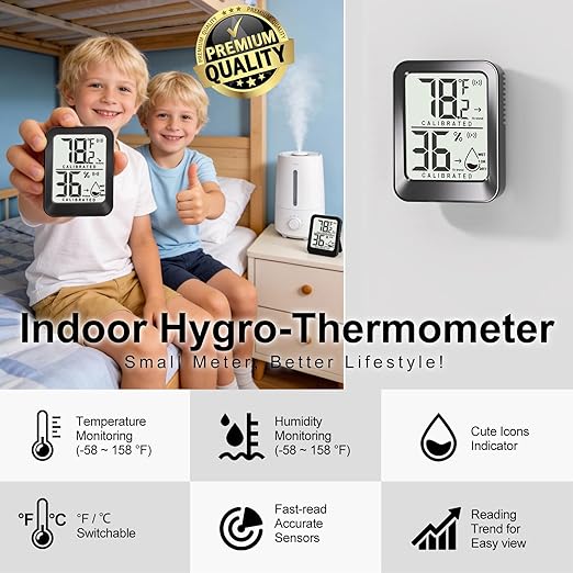 Antonki 4 Pack Mini Room Thermometer Hygrometer Indoor Temperaure and Humidity Monitor Gauge Meter for Home, Baby Room, Office, Incubator, Greenhouse, Reptile - Battery Included - Black