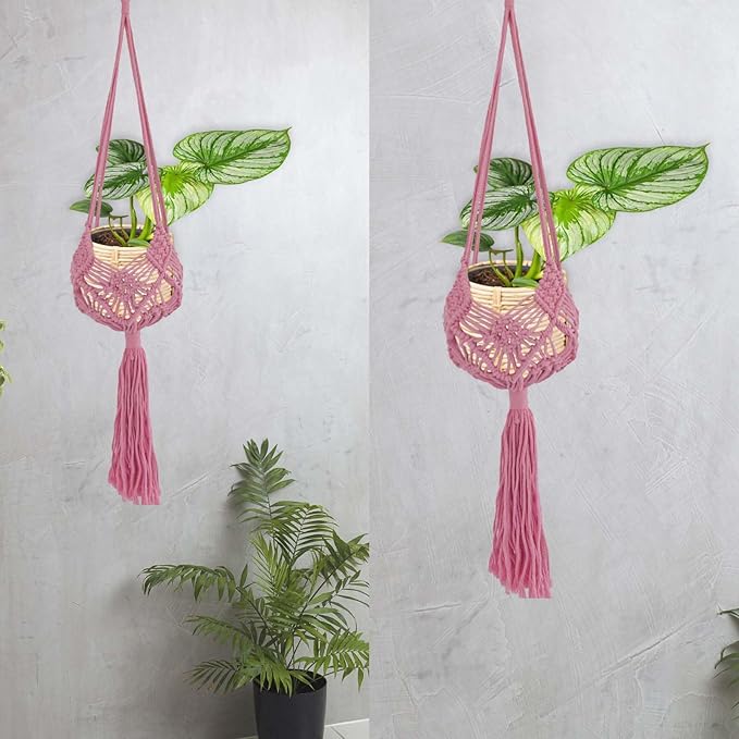 2 Pack 90CM (35inch) Extra Long Macrame Plant Hangers, up to 8 inch Pot Hanging Planter with Patterns, Premium Cotton Rope Crochet Boho Hanging Planter Basket for Indoor & Outdoor Plants (Pink)
