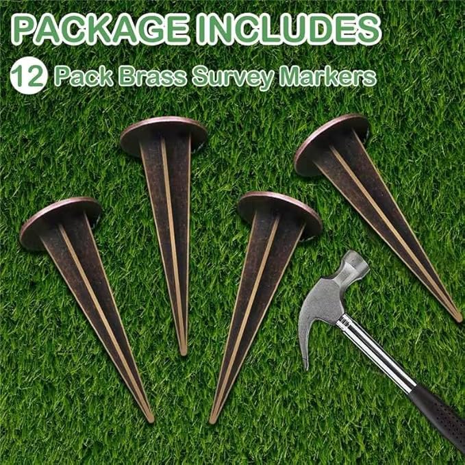 12 Pack Permanent Property Line Markers, 7x3 Inch Boundary Markers for Property Land Survey Stakes Heavy Duty Brass Survey Pin for Home Depot Septic Tank Yard Paver Ground Landscape Surveying