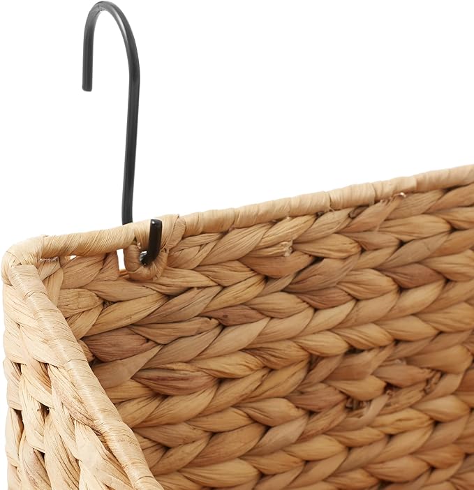 Casafield Set of 2 Hanging Baskets with Hooks - Natural, Hyacinth Woven Wall Mounted Storage Bins for Kitchen, Bathroom, Laundry Room, Home Office