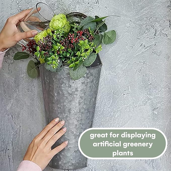 Galvanized Wall Planters - Two (2) Large Premium. Farmhouse Metal Hanging Vase. Rustic Decor. Tall Container for Easter Flowers or Planets. Tin Style Bucket or Pocket