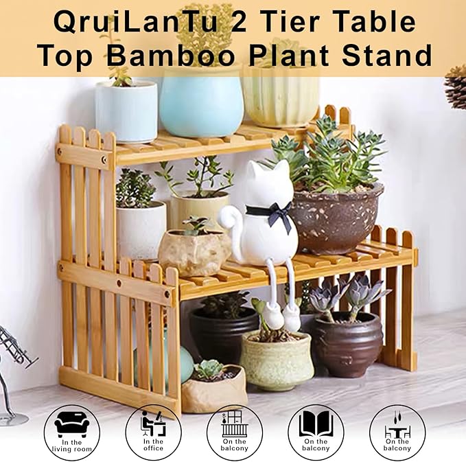 2 Tier Table Top Bamboo Plant Stand Trapezoidal Desktop Windowsill Plant Shelves Flower Pot Display Stand Suitable For Indoor And Outdoor, Terrace, Garden, Office, Window Sill