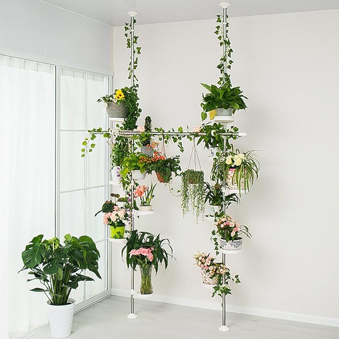 BAOYOUNI Indoor Plant Stands Spring Double Tension Pole Metal Flower Display Rack Space Saver Corner Floral Pot Storage Shelf with 12 Trays, 2 Hooks & 1 Telescopic Rod for Clothes Drying Hanger, Ivory