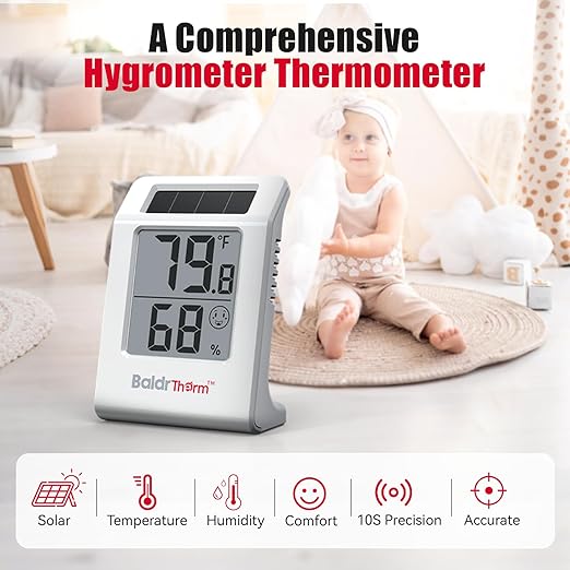 BaldrTherm 2.2'' Digital Thermometer and Hygrometer Meter, Solar-Powered Indoor Temperature Sensor Humidity Monitor, Humidity Gauge for Baby Rooms, Bedrooms, Home, Office, and Wine Cellars, 3Pack