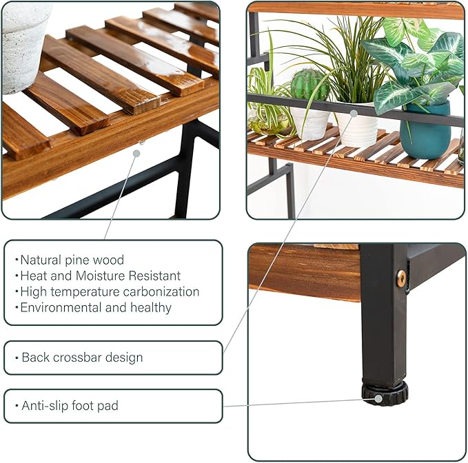 ULIKE 3-Tier Plant Stand with Hanging Bar for Indoor Outdoor Patio, Carbonized Pine Wood and Metal Frame Display Shelf, 52 Inch Tall Vertical Plant Rack for Balcony Garden Living Room