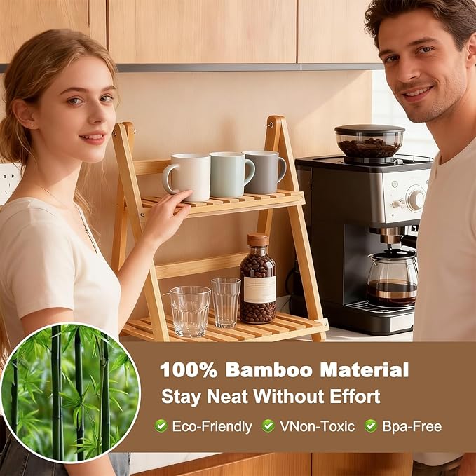 Wooden Matcha Station Shelf, 2 Tier Natural Finish Bamboo Countertop Organizer,15.7'' Coffee Station Organizer, Desktop Flower Pot Rack for Home Living Room Window Sill Foldable Display Storage Shelf