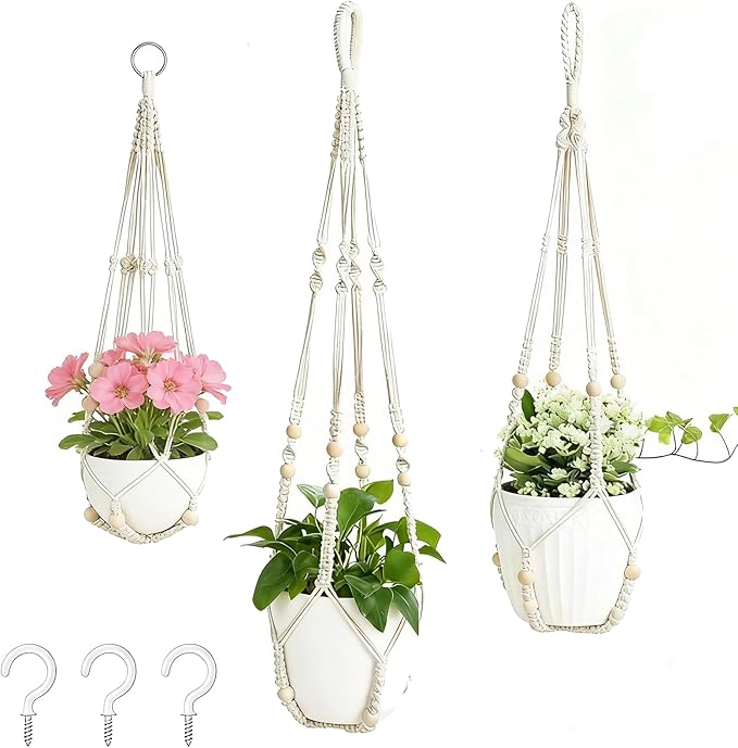3 Pack Hanging Planters, Macrame Boho Plant Holder for Indoor Outdoor Plants, Plant Hangers with 3 Hooks for Garden Patio Home Decor