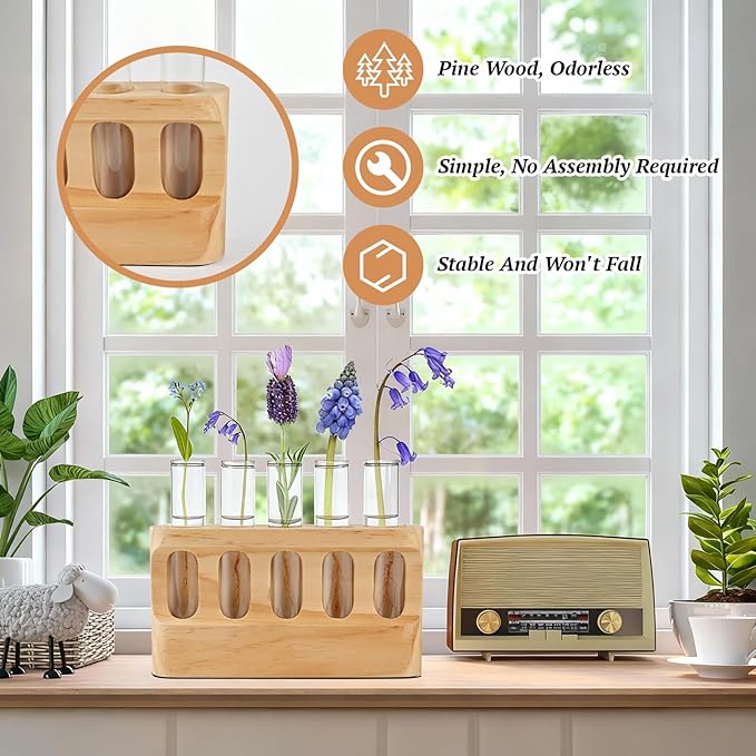 Tigvio Plant Propagation Station with 9-Level Dimmable LED Light, 5 Glass Test Tube Vases, Wooden Stand for Hydroponic Plants, Gardening Gift for Women & Plant Lovers, Desktop Terrarium & Home Decor