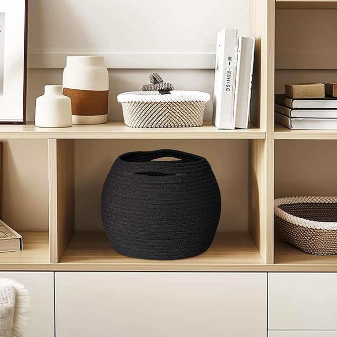 MEGASKET Black Woven Storage Basket, 11" x 9" Indoor Plant Basket for Decor, Decorative Small Cotton Rope Bin for Organizing Pet Toy, Gifts, Towel, Cloth, Socks, Wicker Planter Holder, Modern Shoe Bin