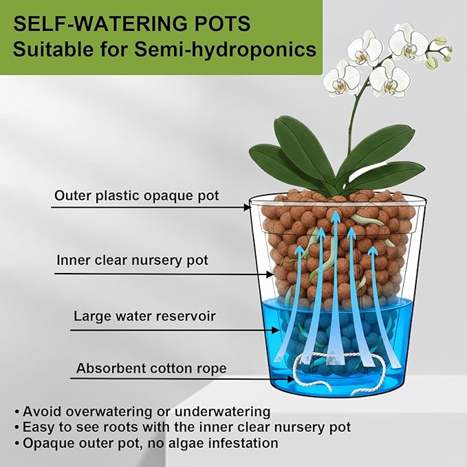 4 Pack of 7 and 5" Double-Layer Self-Watering Pot with Clear Nursery Pot - Indoor Planter with Drainage for Root Visibility,semi Hydro pots for repotting Orchids,Aroid or Monstera,White