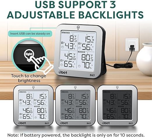 OBET Indoor Outdoor Thermometer Wireless with 3 Sensors Weather Station Temperature Humidity Monitor 500ft Range and Adjustable Backlight and Min Max Data Silver