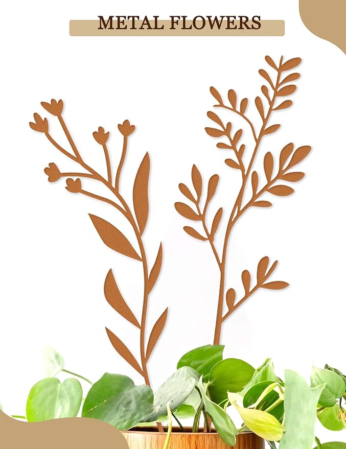 10pcs Metal Flowers for Garden - Antique Rust Finish Decorative Plant Stakes, Weathered Patina Yard Art for Outdoor Ground & Indoor Pots, Rustic Flower Bed Decor, Lawn & Patio Accents
