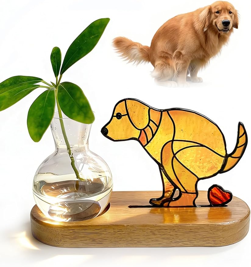 Handmade Dog Propagation Stations： Funny Hydroponic Vase with Wooden Stand for Indoor Plants, for Plant Lovers Women Mom, Office Desk & Home Decor