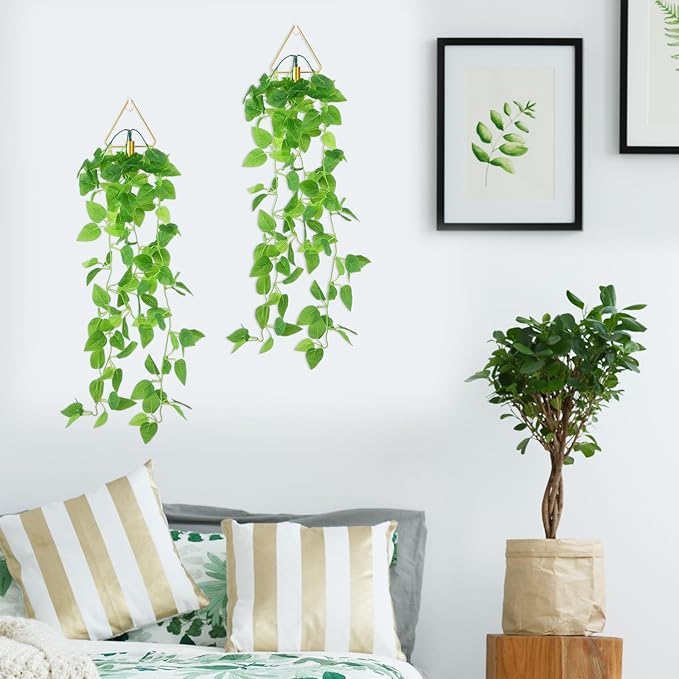 Jexine 2 Pcs Boho Wall Decor Gold Hanging Planters with Artificial Plants Wall Art Mounted Metal Home Decor Display Bedroom Bathroom Living Room(Pothos)