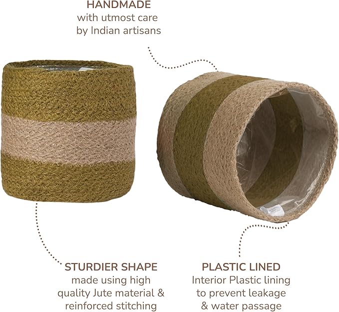 Jute Planter Basket-Woven Jute Rope Covers for Decorating Indoor/Outdoor Succulents, Small Plant Pots-Set of 2-Multi-Purpose Storage Bins 6.5 Inches - Modern Style Décor- Olive & Natural